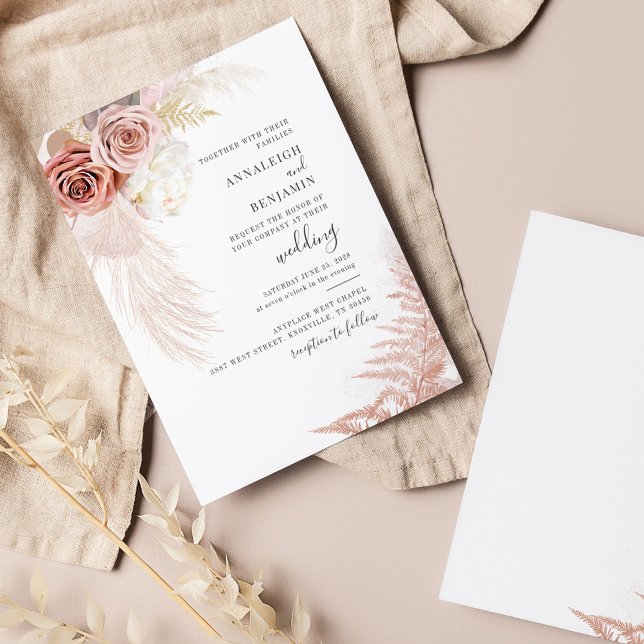 Convite Casamento De Pampas Grass Terracotta Tan Floral Bl (Pampas Grass Script Wedding Invitation)
