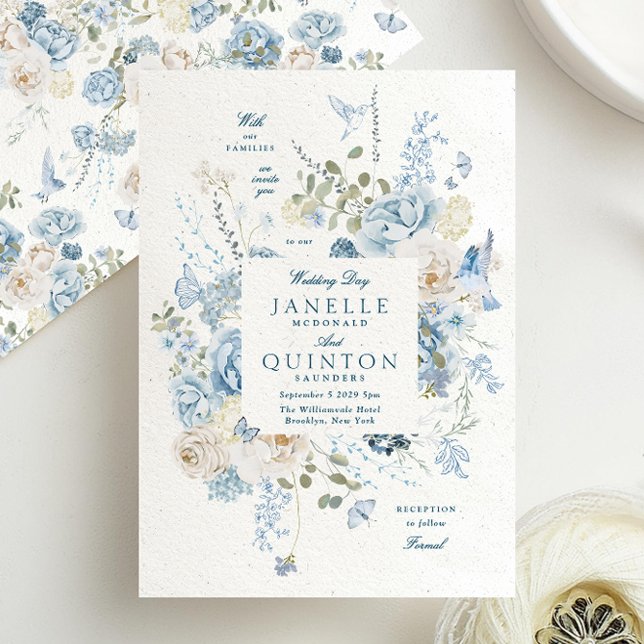Convite Casamento de Papel Falso de Florais Azul Elegante (Criador carregado)