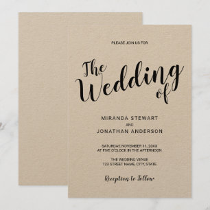 Convite Casamento de papel Kraft com script moderno