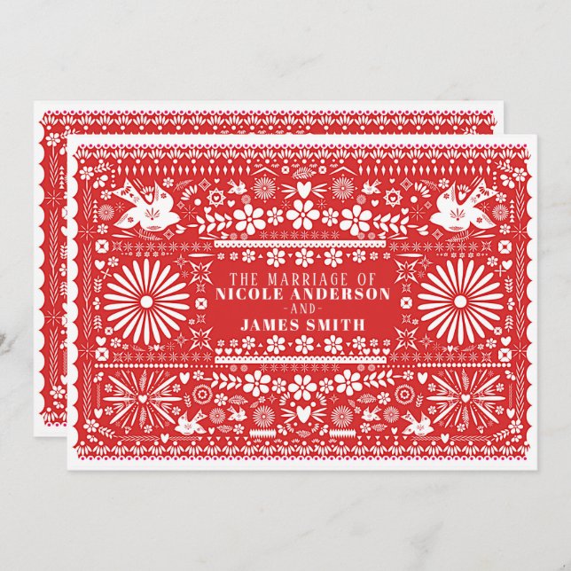 Convite Casamento de Papel Vermelho e Branco Picado Mexica (Frente/Verso)