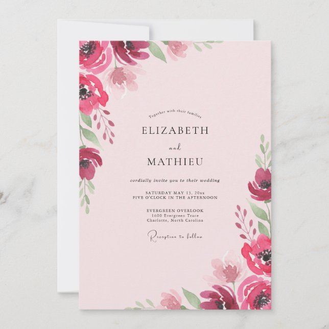 Convite Casamento de Papoula Aguada Magenta (Frente)