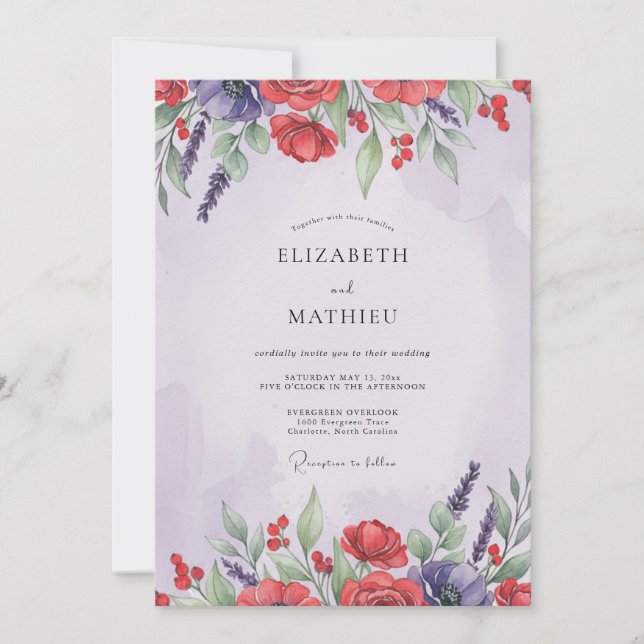 Convite Casamento de Papoula Violeta Vermelha (Frente)