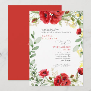 Convite Casamento de Papoulas Vermelhas Coloridas Elegante