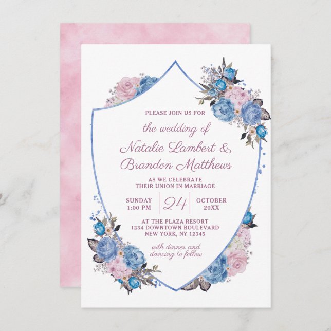 Convite Casamento de Parisiense Charm Blue & Pink Floral C (Frente/Verso)
