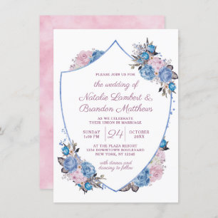 Convite Casamento de Parisiense Charm Blue & Pink Floral C