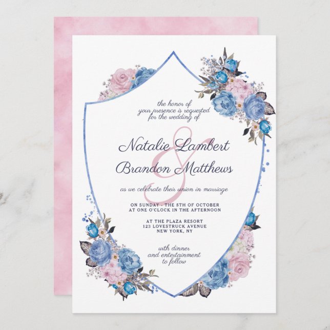 Convite Casamento de Parisiense Charm Blue & Pink Floral C (Frente/Verso)