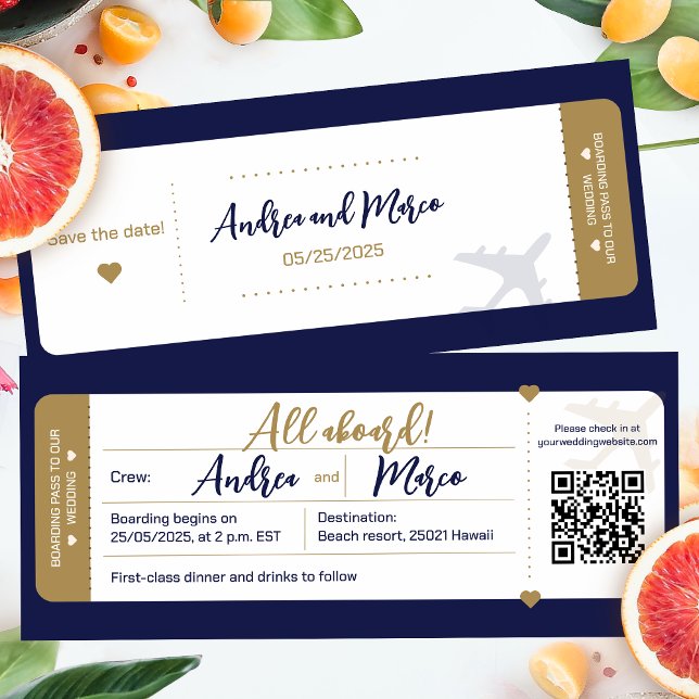 Convite Casamento De Passagem De Embarque Azul E Dourado (Beach Wedding Boarding Pass Wedding Invitation)