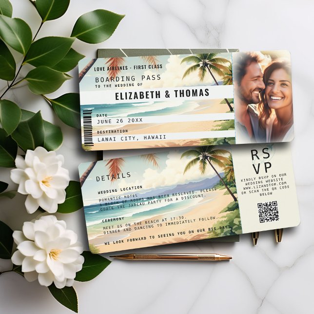 Convite Casamento de Passagem de Embarque de Destino de Pr (elegant boarding pass wedding invitation tropical beach palm trees ocean photo template QR code chic)