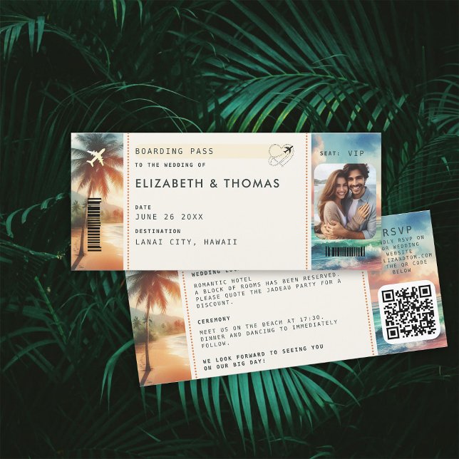 Convite Casamento de Passagem de Embarque de Destino de Pr (beach destination wedding invitation boarding pass qr code all in one tropical watercolor sunset)