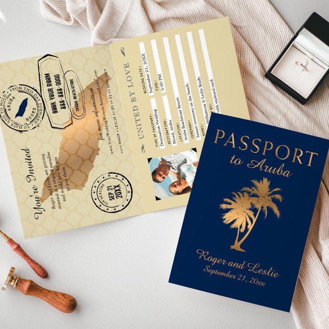 Convite Casamento de Passaporte Blue Faux Gold Foil Aruba (Criador carregado)
