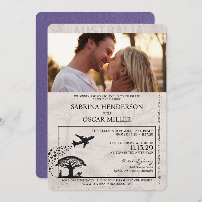 Convite Casamento de Passaporte da Austrália Lilac Purple (Frente/Verso)