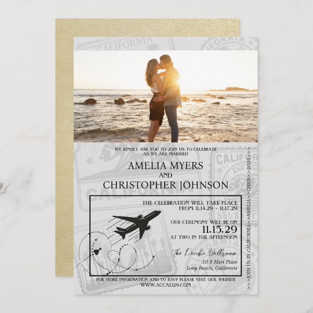 Convite Casamento de Passaporte da Califórnia em Champagne (Frente/Verso)