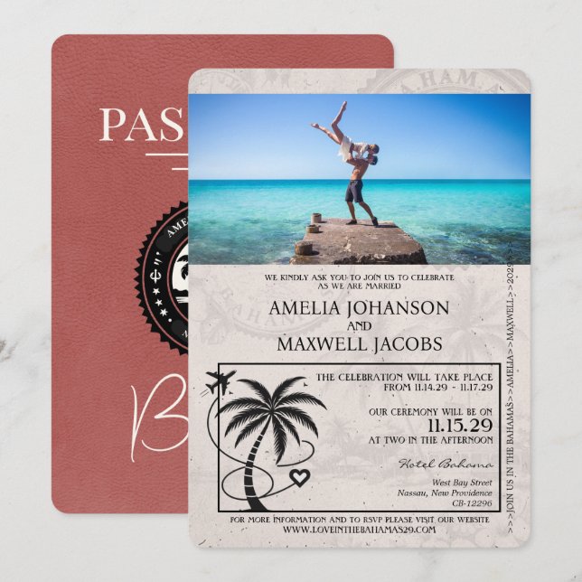 Convite Casamento de Passaporte das Bahamas Light Burgundy (Frente/Verso)