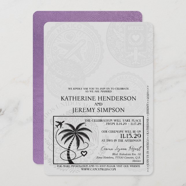 Convite Casamento de Passaporte de Cancún de lavanda Roxo (Frente/Verso)