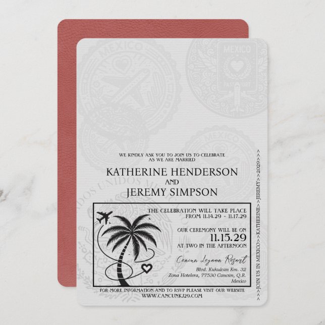 Convite Casamento de Passaporte de Cancún Light Burgundy (Frente/Verso)
