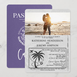 Convite Casamento de Passaporte de Cancún Roxo Lilac