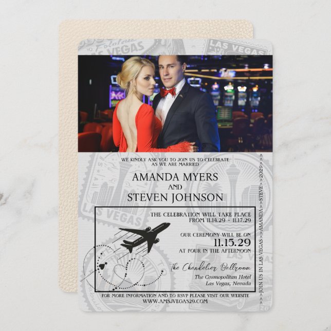 Convite Casamento de Passaporte de Ivory Las Vegas (Frente/Verso)