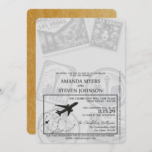 Convite Casamento de Passaporte de Las Vegas Dourado (Frente/Verso)