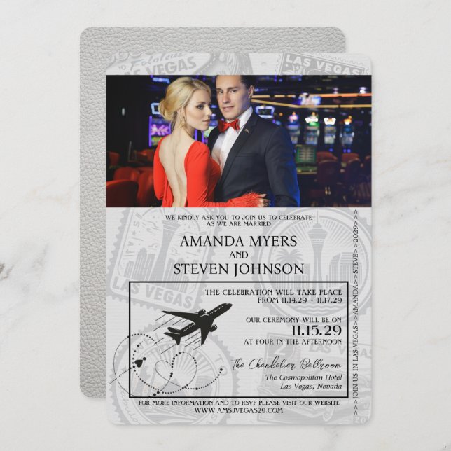 Convite Casamento de Passaporte de Las Vegas White (Frente/Verso)