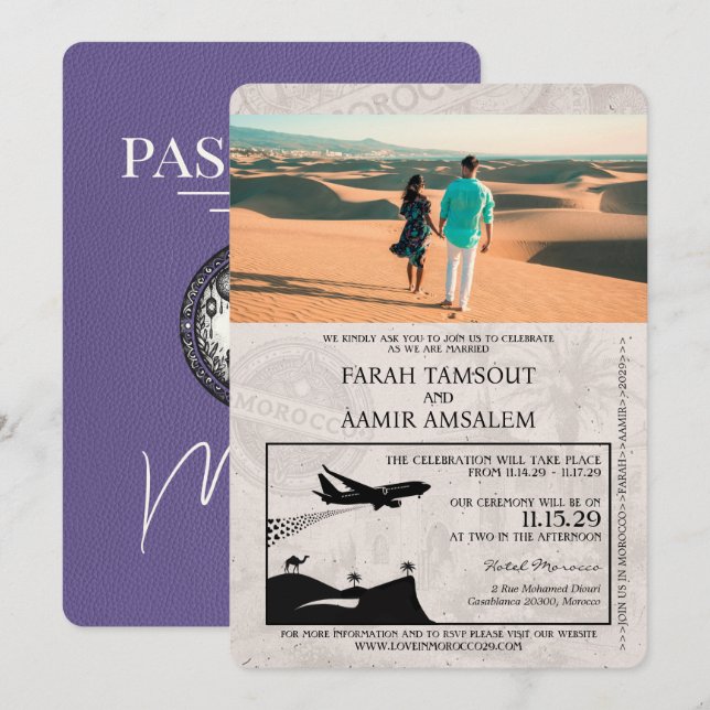 Convite Casamento de Passaporte de Lilac Purple Marrocos (Frente/Verso)