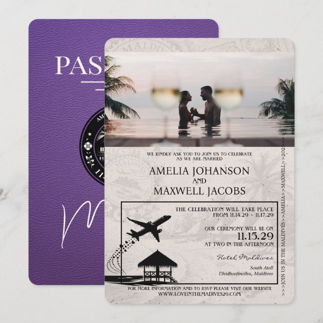 Convite Casamento de Passaporte de Maldivas Roxo (Frente/Verso)