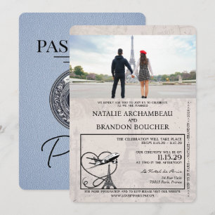 Convite Casamento de Passaporte de Paris Dusty Blue