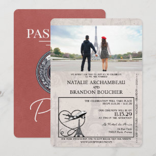 Convite Casamento de Passaporte de Paris Light Burgundy