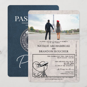 Convite Casamento de Passaporte de Paris marinho Azul