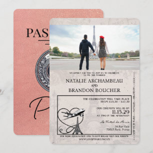 Convite Casamento de Passaporte de Paris rosa Dourado
