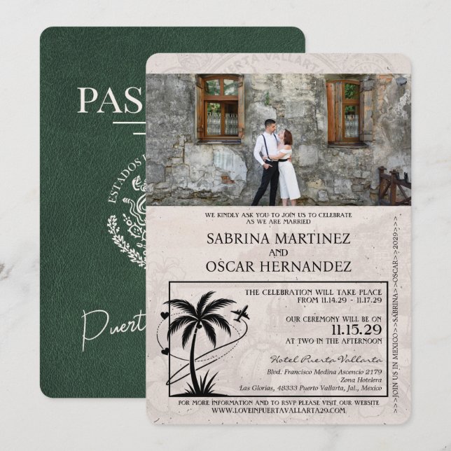 Convite Casamento de Passaporte de Puerta Vallarta Verde (Frente/Verso)