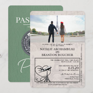 Convite Casamento de Passaporte de Sage Green Paris