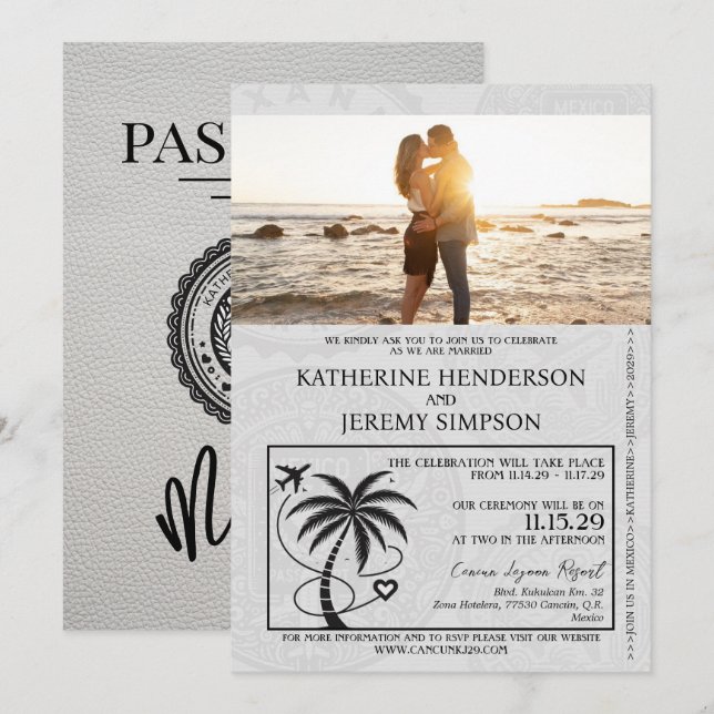 Convite Casamento de Passaporte do México Branco (Frente/Verso)