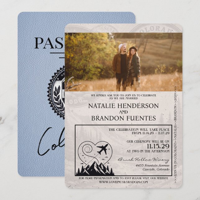 Convite Casamento de Passaporte Dusty Blue Colorado (Frente/Verso)
