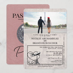 Convite Casamento de Passaporte Dusty Rosa Paris