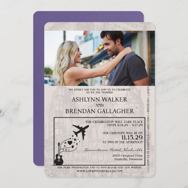 Convite Casamento de Passaporte Lilac Purple Nashville (Frente/Verso)