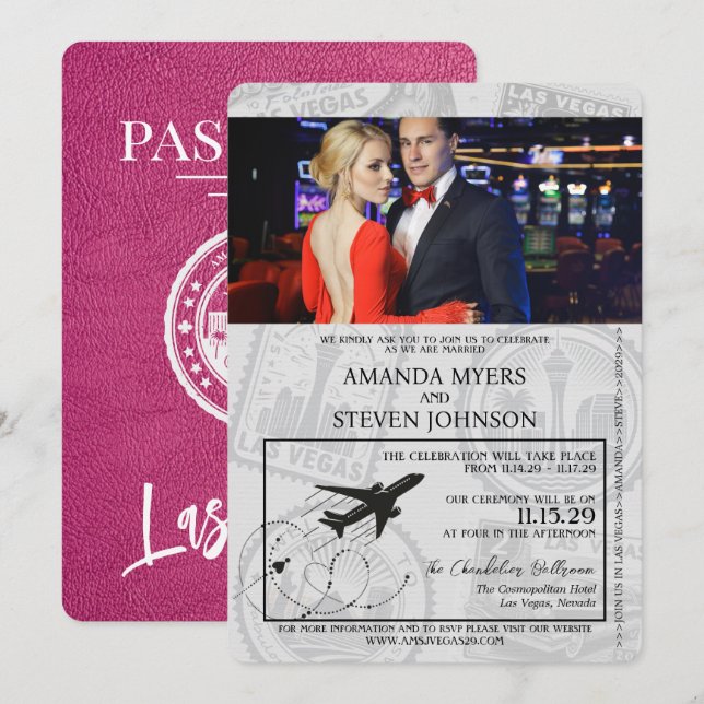 Convite Casamento de Passaporte Magenta Las Vegas (Frente/Verso)