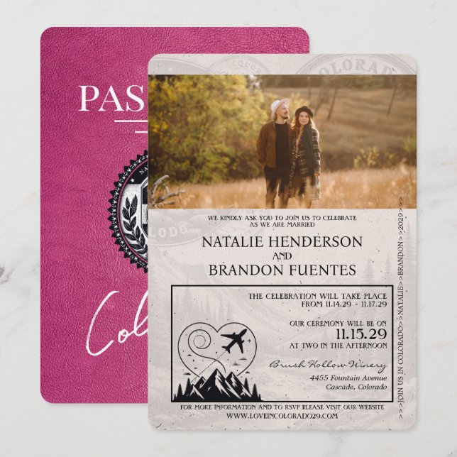 Convite Casamento de Passaporte Magenta Pink Colorado (Frente/Verso)