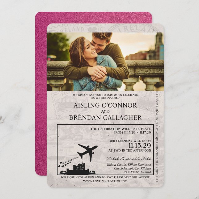 Convite Casamento de Passaporte Magenta Pink Ireland (Frente/Verso)