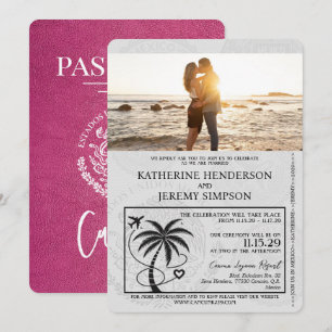Convite Casamento de Passaporte Magenta Rosa Cancun