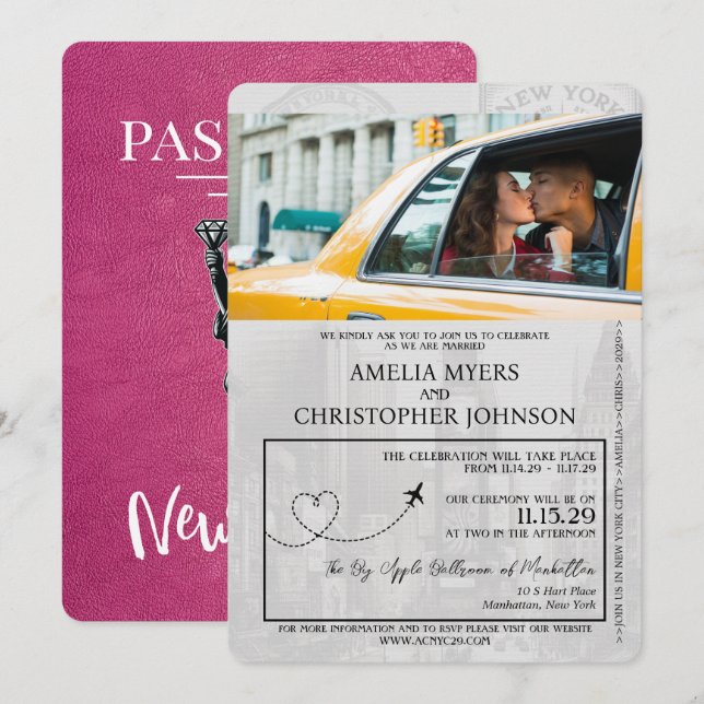 Convite Casamento de Passaporte Magenta-Rosa-Nova Iorque (Frente/Verso)