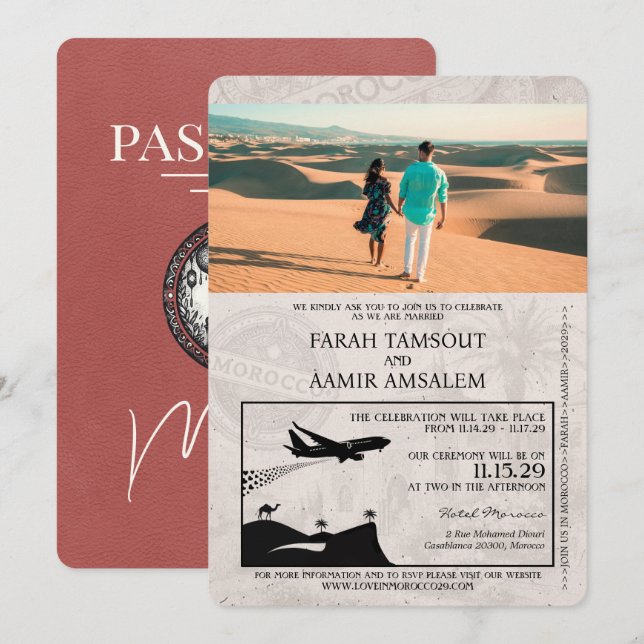 Convite Casamento de Passaporte Marrocos Light Burgundy (Frente/Verso)
