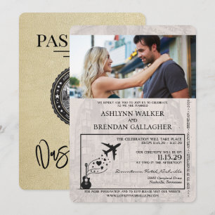 Convite Casamento de Passaporte Nashville Dourado de Champ
