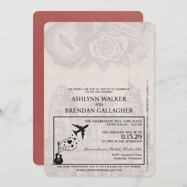 Convite Casamento de Passaporte Nashville Light Burgundy (Frente/Verso)