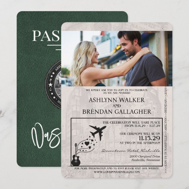 Convite Casamento de Passaporte Nashville Verde (Frente/Verso)