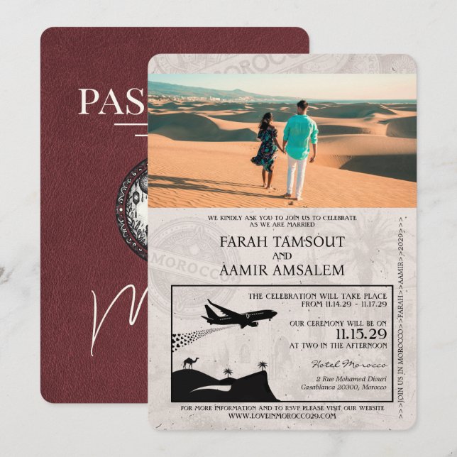 Convite Casamento de Passaporte para Marrocos (Frente/Verso)