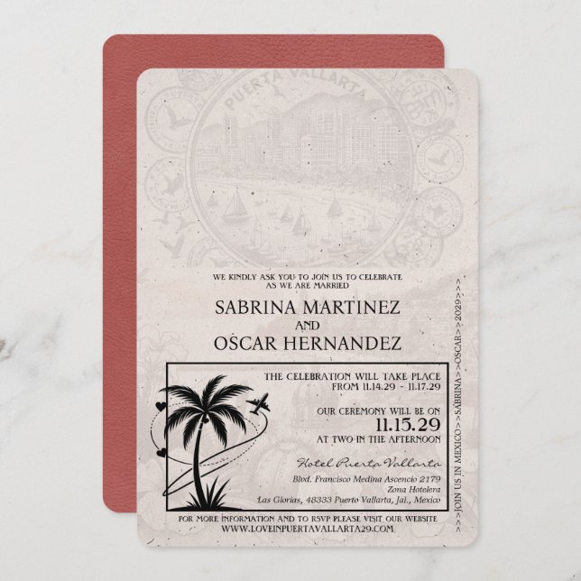 Convite Casamento de Passaporte Puerta Vallarta, Luz Burgu (Frente/Verso)