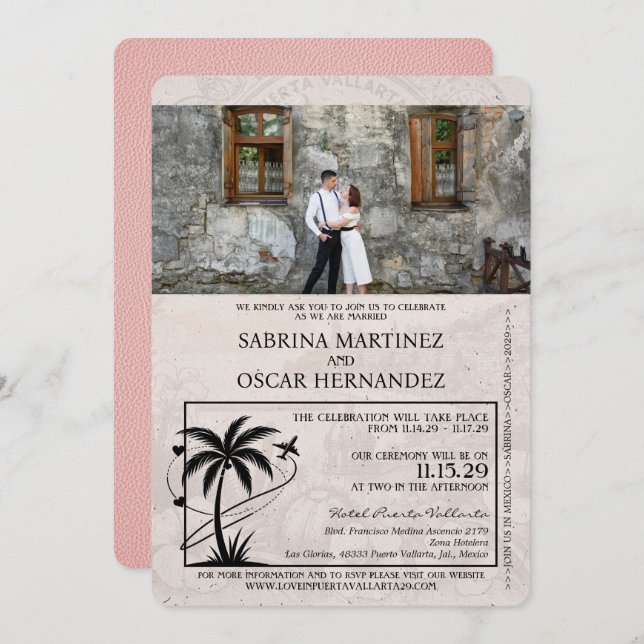 Convite Casamento de Passaporte Puerta Vallarta, Rosa (Frente/Verso)