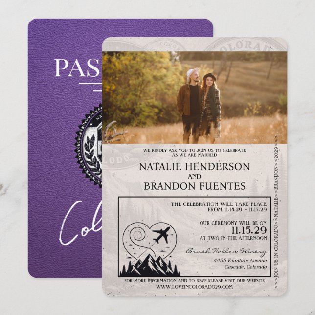 Convite Casamento de Passaporte Purple Colorado (Frente/Verso)