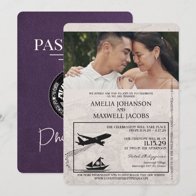 Convite Casamento de Passaporte Violet Purple Filipinas (Frente/Verso)