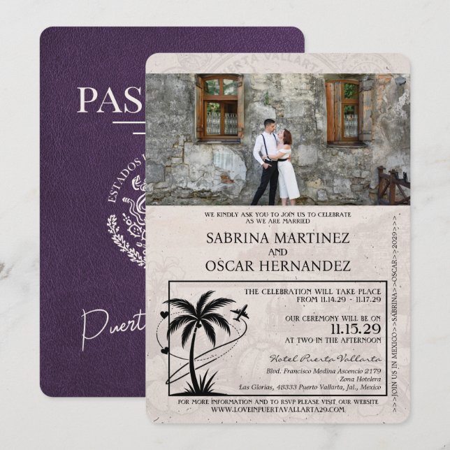 Convite Casamento de Passaporte Violet Purple Puerta Valla (Frente/Verso)